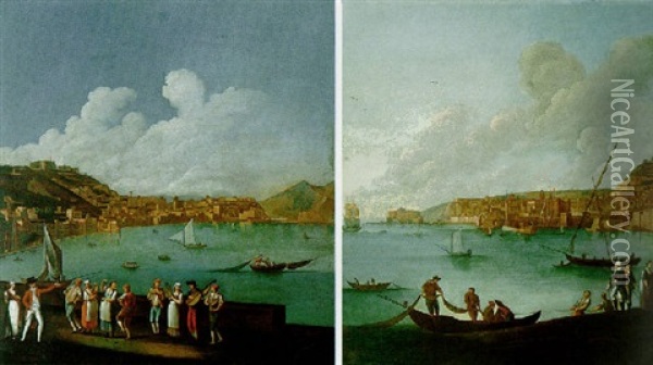 Naples, A View Of The Bay From Mergellina With Figures Dancing, Mount Vesuvius Beyond Oil Painting - Pietro Fabris