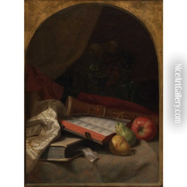 Still Life With Fruit, Book And Recorder Oil Painting - George W. Platt