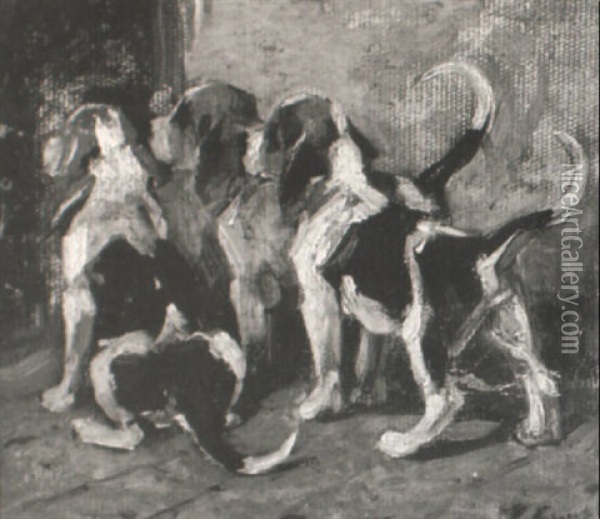 Foxhound Puppies Oil Painting - John Emms