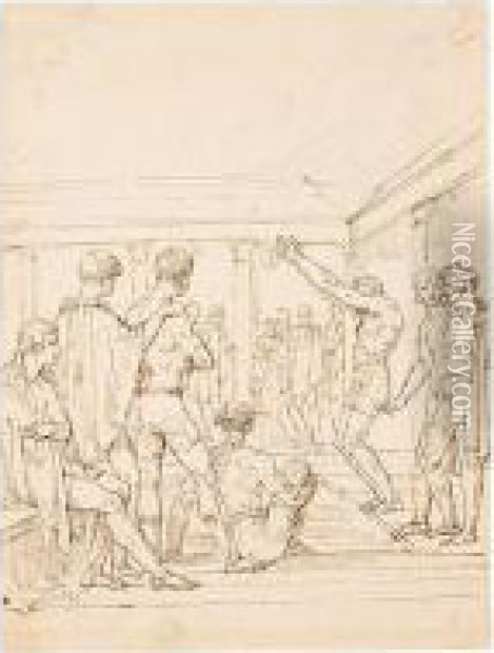 A Group Of Men Around A Swimming Pool Oil Painting - Jean-Baptiste Mallet
