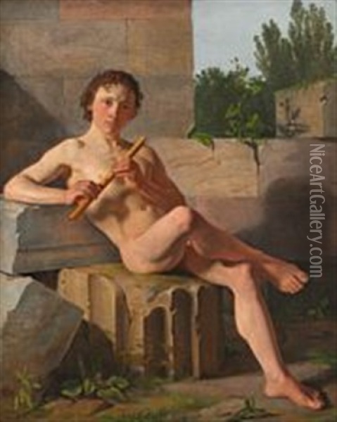Seated Flute-playing Young Man Oil Painting - Constantin (Carl Christian Constantin) Hansen