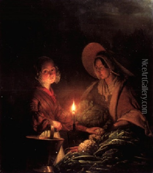 Gemusehandlerin Bei Kerzenlicht Oil Painting - Petrus van Schendel