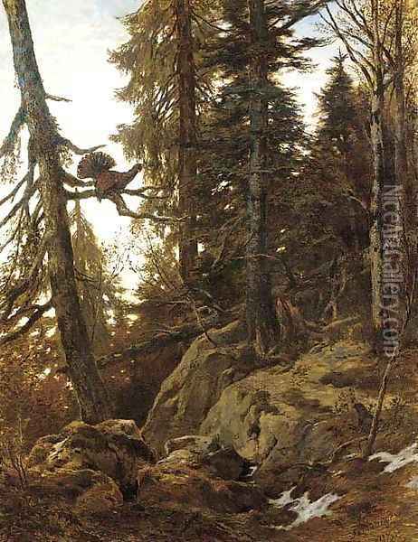 A heath cock roosting in an Alpine forest Oil Painting - Franz Von Pausinger
