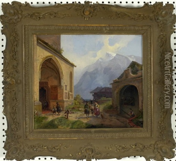 Personen Beim Kirchgang Im Bergdorf Oil Painting - Joseph Heinrich Ludwig Marr