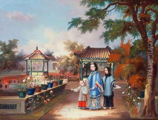 A mother with her children in a chinese garden, c.1850 Oil Painting - Anonymous Artist