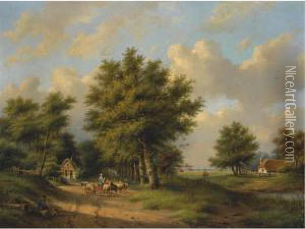 A Summer Landscape With A Shepherdess On A Country Road Oil Painting - Gerardus Hendriks