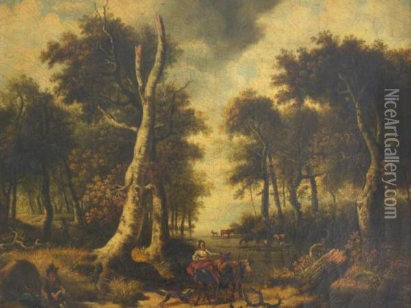 Figures And Animals By A Woodland Pool Oil Painting - Jan Wijnants
