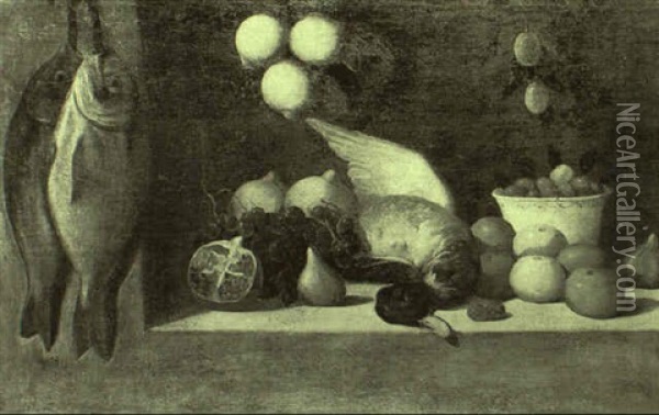 Still Life With Hanging Fish, A Dead Mallard And Fruit Oil Painting - Alessandro de Loarte