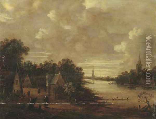 A moonlit river landscape with figures on a track, a church in the distance Oil Painting - Aert van der Neer