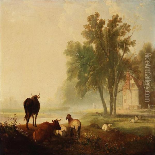 Landscape With Grazing Sheeps And Cows Oil Painting - James Ward