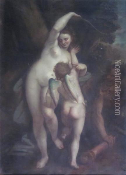 Venus Disarming Cupid With Satyr Looking On Oil Painting - Luca Cambiaso