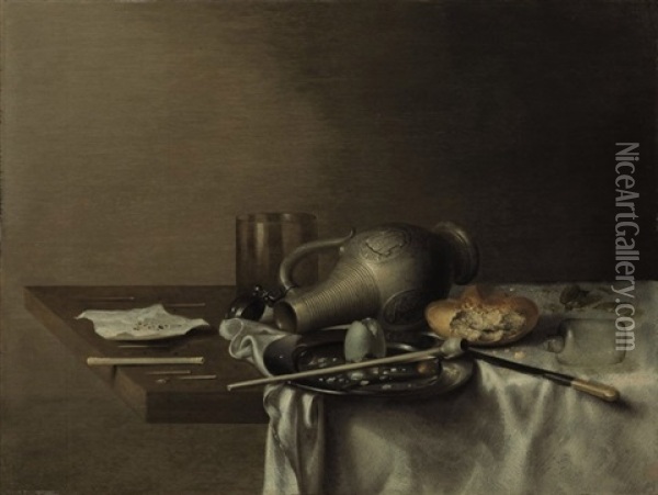 An Overturned Jug, Roll, Plate With Pipe And An Egg Shell, Broken Glass And Objects On A Draped Table Oil Painting - Jan (Johannes) Fris