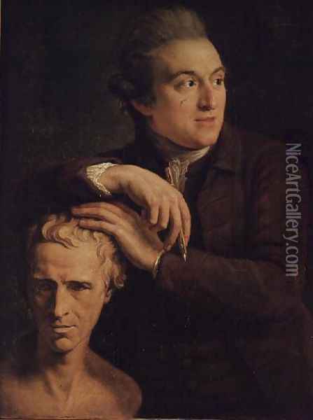 Portrait of Joseph Nollekens 1737-1823 the sculptor with a bust of Laurence Sterne 1713-68 Oil Painting - John Francis Rigaud
