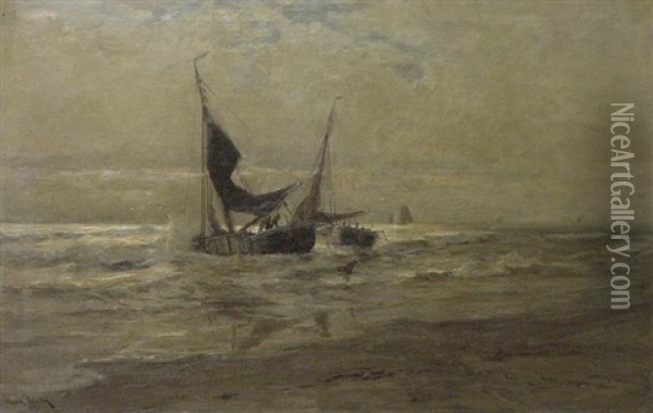 Anlandende Fischerboote Im Abendlicht Oil Painting - Erwin Carl Wilhelm Guenther