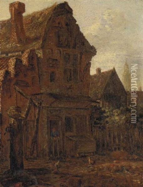 A Courtyard Scene With A Peasant At The Door Of A House Oil Painting - Emanuel Murant
