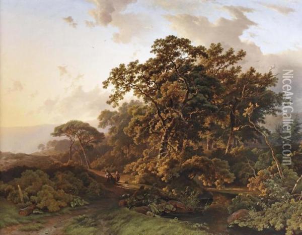A Forest With Figures On A Path In A Hilly Landscape Oil Painting - Barend Cornelis Koekkoek