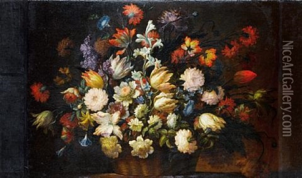 Roses, Tulips, Peonies, Jasmine And Other Flowers In A Wicker Basket On A Table Top Oil Painting - Jean-Baptiste Belin de Fontenay the Elder