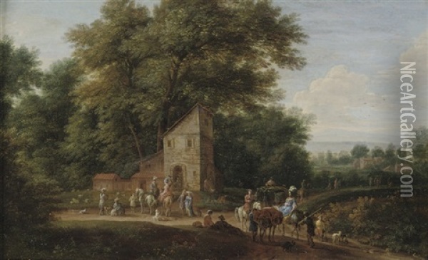 A Wooded Landscape With Elegant Company On Horseback Oil Painting - Jan-Baptiste van der Meiren