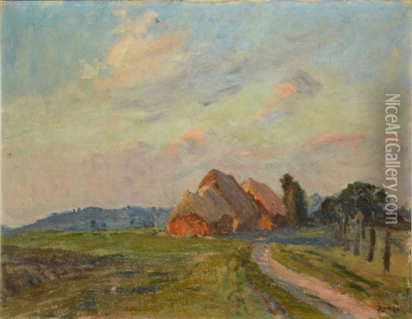 Meules De Paille Au Chemin Tournant Oil Painting - Jules Louis Rame