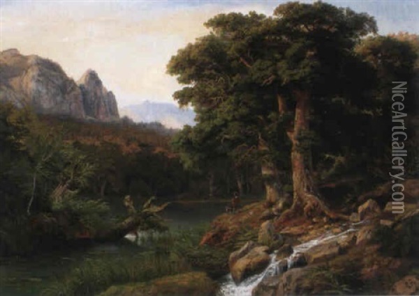 Stiller Waldweiher Im Gebirgstal Oil Painting - Johann Wilhelm Schirmer