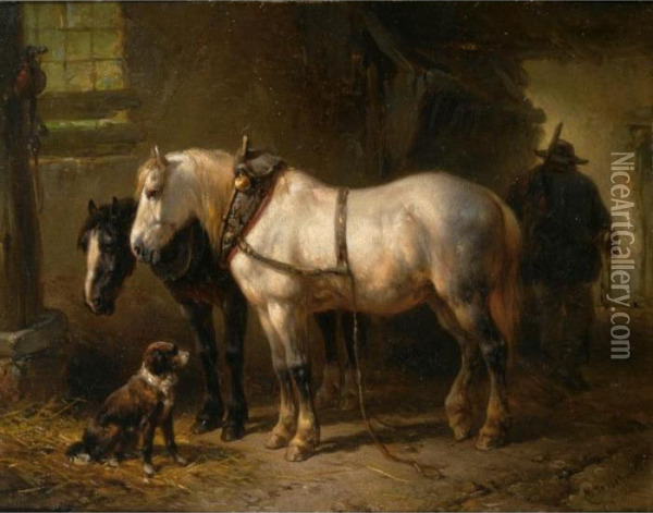 Two Horses In A Stable Oil Painting - Wouterus Verschuur