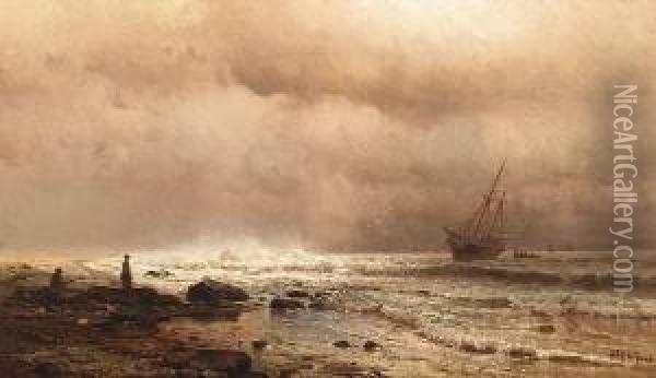 A Coastal View With Figures And A Ship At Sea Oil Painting - Mauritz F. H. de Haas