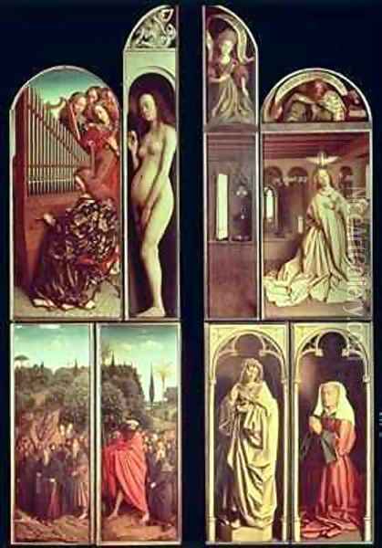 Right Panel interior and exterior of the Ghent Altarpiece Oil Painting - Hubert & Jan van Eyck