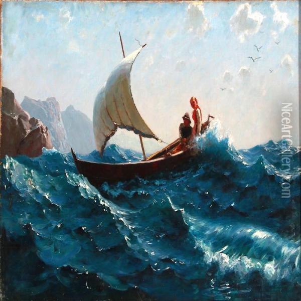 A Girl And A Fisher In A Boat In High Waves Oil Painting - Hans Dahl