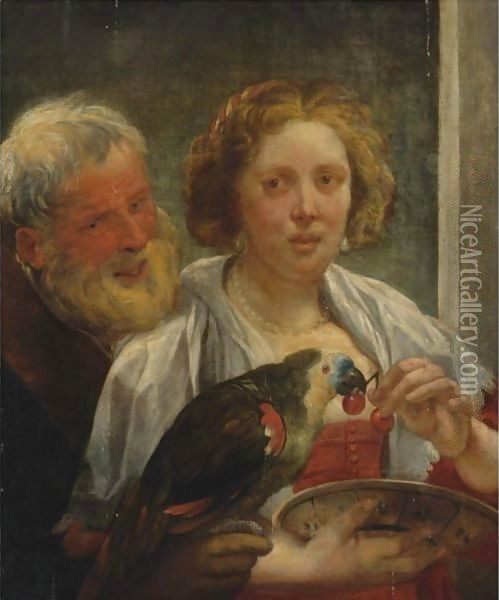 A Bearded Man And A Woman With A Parrot Unrequited Love Oil Painting - Jacob Jordaens
