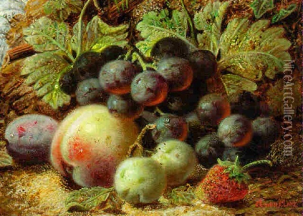 Grapes, Greengages, A Plum And A Strawberry On A Mossy Bank Oil Painting - Oliver Clare