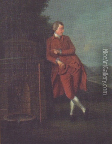 Portrait Of A Gentleman In A Brown Coat And Breeches, By A Tomb With His Staff And Hat On The Tomb, A Landscape Beyond Oil Painting - John Hamilton Mortimer