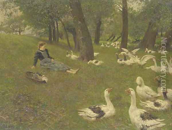 The Goose Girl Oil Painting - Adolf Lins