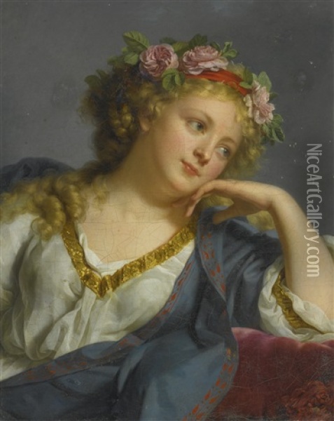 Portrait Of A Lady Wearing A Floral Wreath, Possibly As Flora Oil Painting - Marie-Genevieve Bouliard
