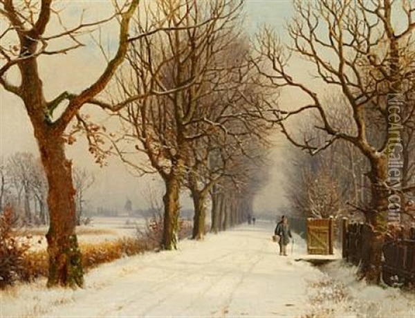 Winter Scene With People Walking Along A Brook Oil Painting - Anders Andersen-Lundby