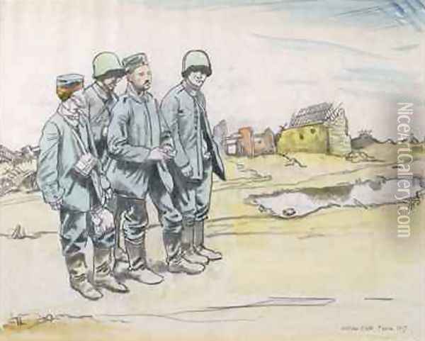 Four German Prisoners by a French Village, 1917 Oil Painting - Sir William Newenham Montague Orpen