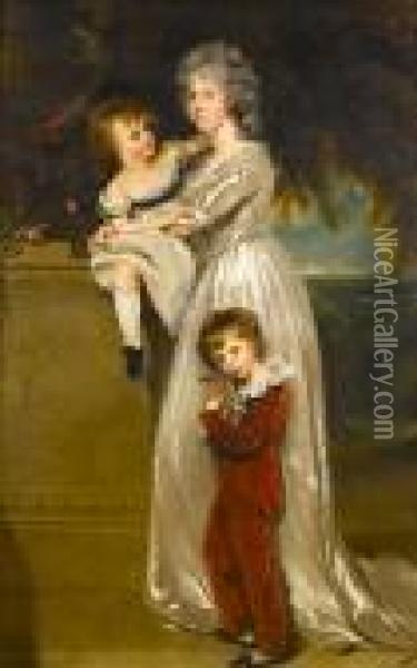 Portrait Of Mrs Arthur Annesley,
 Standing Full-length, In A White Satin Dress With Two Of Her Children, 
One In A Red Skeleton Suit Holding A Rabbit, The Other Seated On A Stone
 Plinth Oil Painting - Sir Thomas Lawrence