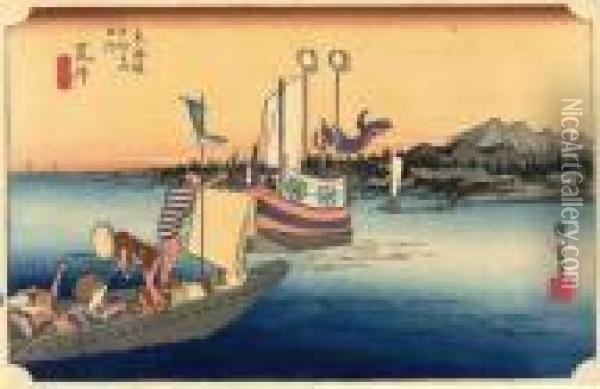Les 53 Stations Du Tokaido, Arai, Watashi-bune No Zu Oil Painting - Utagawa or Ando Hiroshige