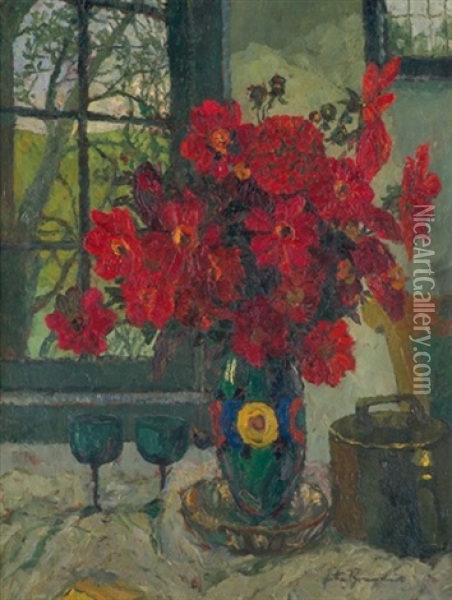 Stilleben Mit Roten Dahlien Oil Painting - August Von Brandis