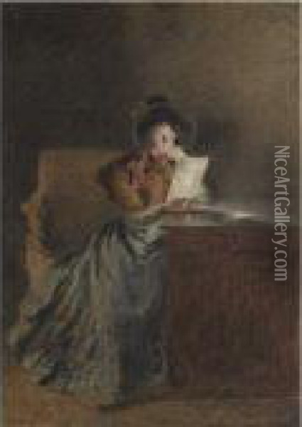 A Girl Reading A Letter By Lamplight Oil Painting - William Henry Hunt