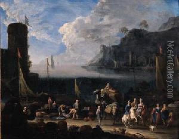 A Mediterranean Harbour With Merchants Unloading Cargo And Eleganttravellers On A Quay, At Sunset Oil Painting - Arnold Frans Rubens