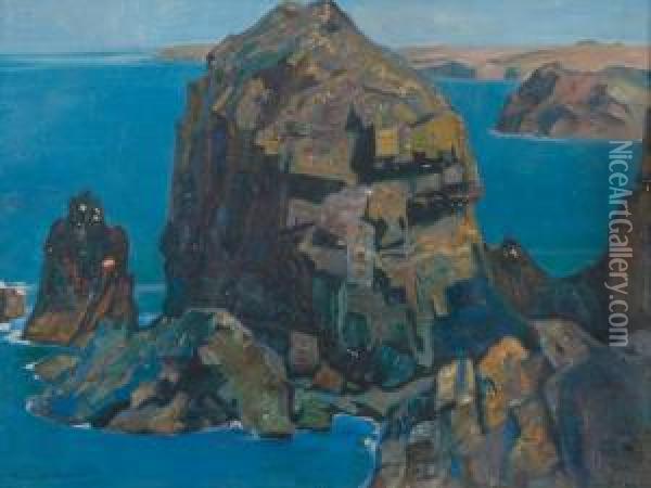 A Rocky Cornish Coastal Scene Oil Painting - Robert Borlase Smart