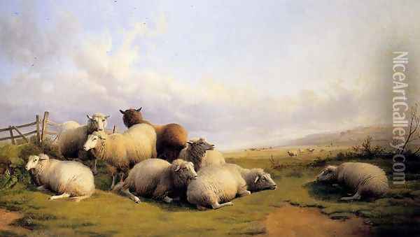 Sheep In An Extensive Landscape Oil Painting - Thomas Sidney Cooper