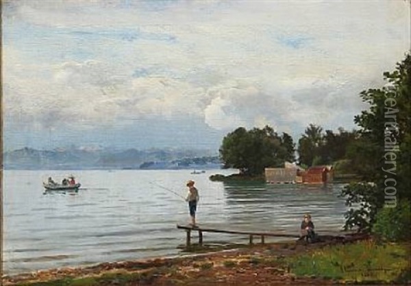 View From A Mountain Lake With A Boy Fishing Oil Painting - Anders Andersen-Lundby
