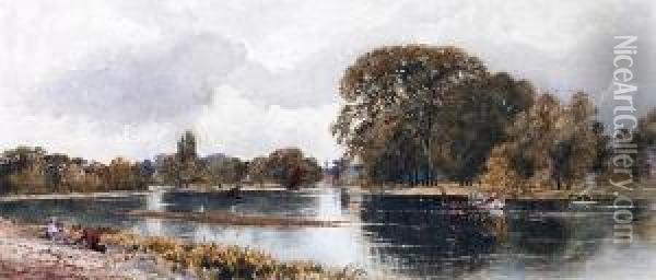A State Barge On The Thames At Isleworth Oil Painting - Josiah Wood Whymper