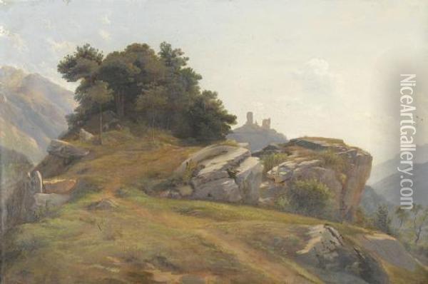 Felsige Landschaftspartie Mit Ruine Oil Painting - Charles Louis Guigon