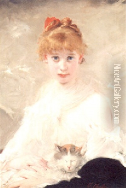 Le Jeune Fille Au Chat Oil Painting - Charles Joshua Chaplin