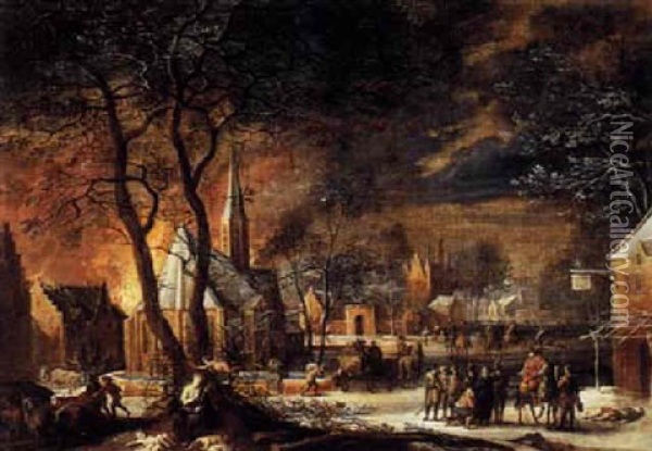 A Winter Landscape With Troops Plundering A Town And The Magdelene Sheltering By A Tree In The Foreground Oil Painting - Daniel van Heil