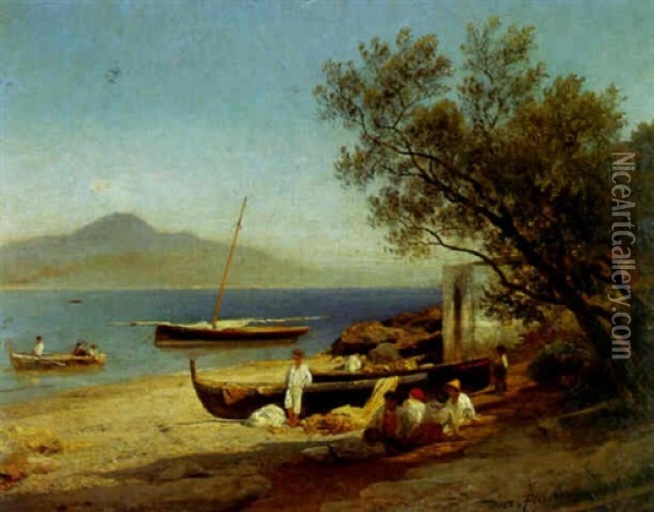 Fischer Am Strand Des Tyrrhenischen Meeres Oil Painting - Albert Flamm