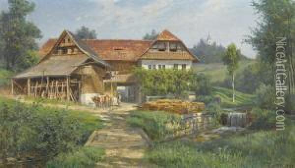 Bauernhaus Bei Schwarzenburg Oil Painting - Johann Zahnd
