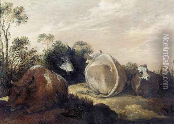 Cattle Resting in a Dune Landscape Oil Painting - Gillis Claesz. De Hondecoeter